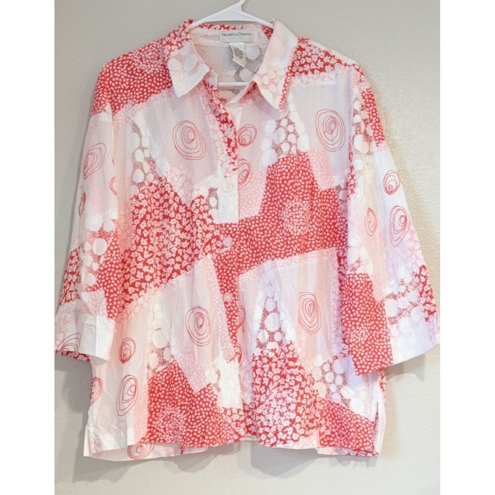 Draper’s & Damon’s PXL Red White Patchwork Lace Button Up Blouse NWOT